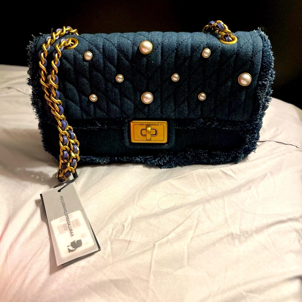 Karl Lagerfeld Paris Agyness Denim Shoulder Bag Pearl. - Picture 1 of 8